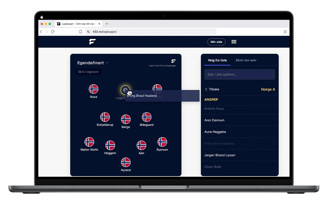 Illustrasjon av hvordan man drar en spiller fra listen til en posisjon på banen.